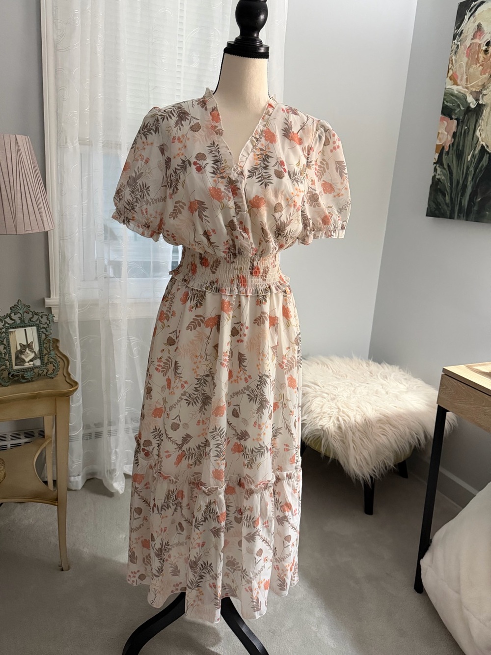 NWT- Simplee Apparel Cream Midi Dress with Coral and Blush Floral Print